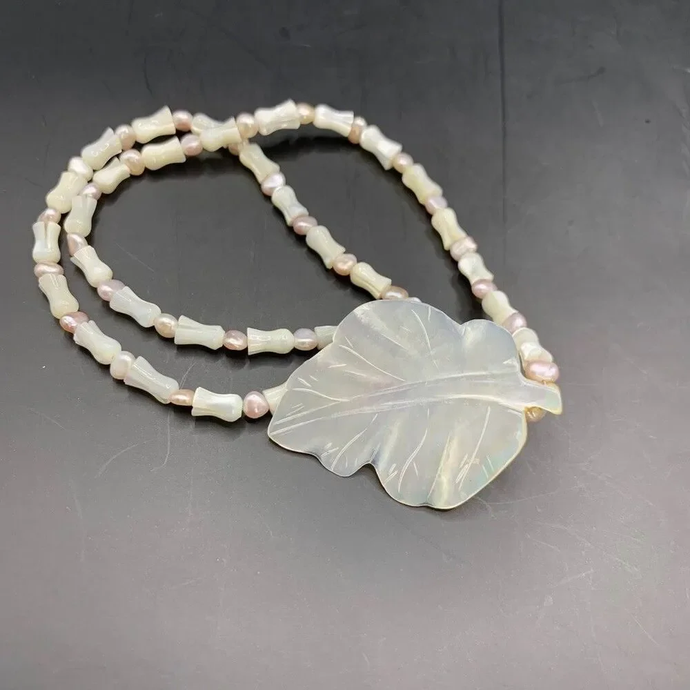 Vintage Artisan Mother of Pearl Leaf Necklace Beaded Toggle Clasp Retro White